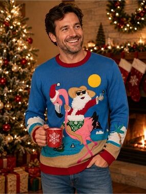 Ugly Christmas Sweater 33 Degrees Santa on a Christmas Flamingo Unisex Sz XXL